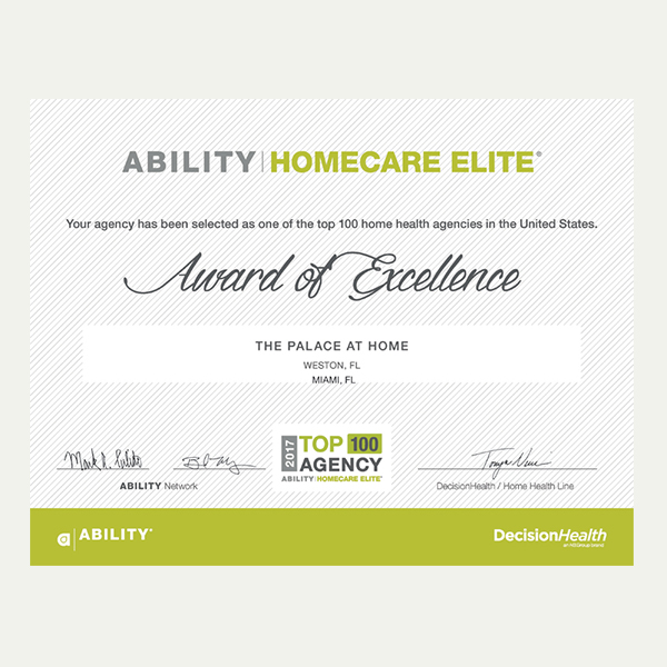 The Palace at Home Awards A Medicare Certified Home Health Agency